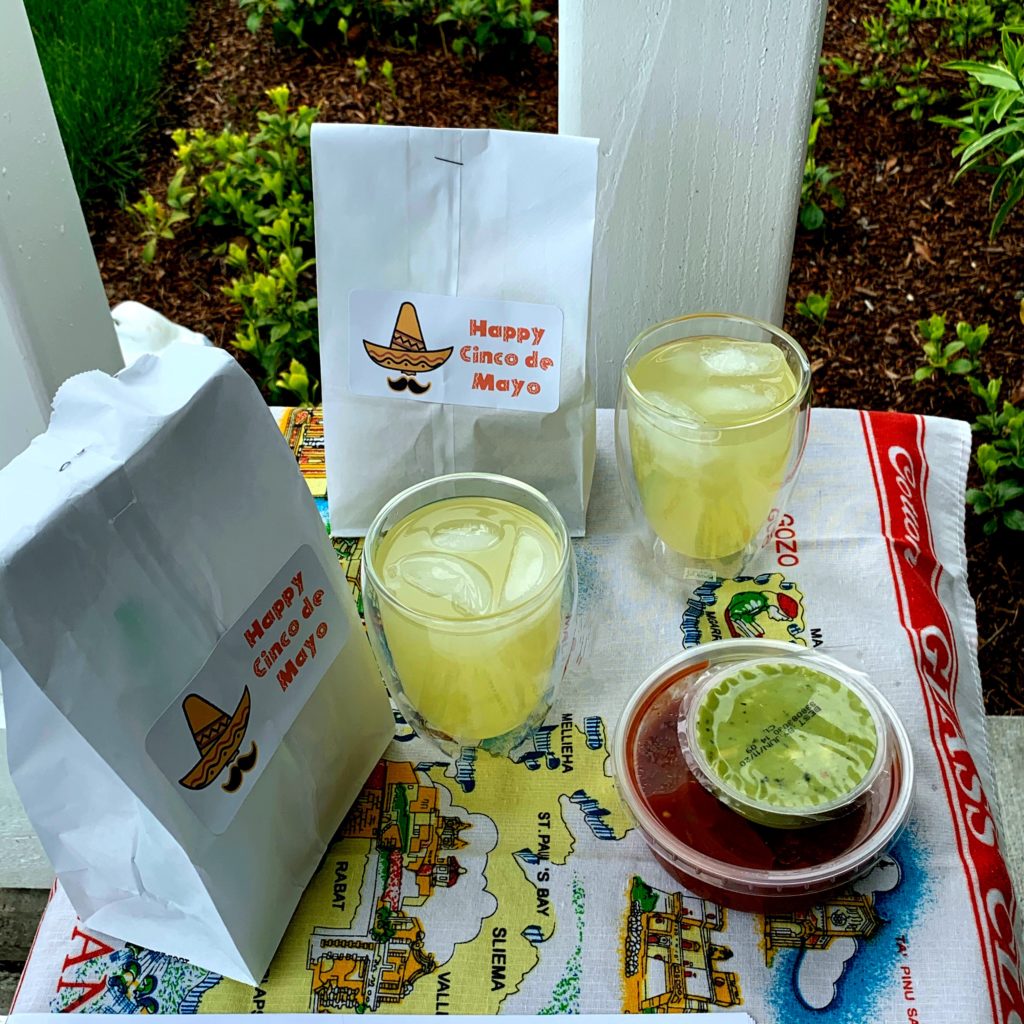 margaritas, chips, guacamole, and salsa