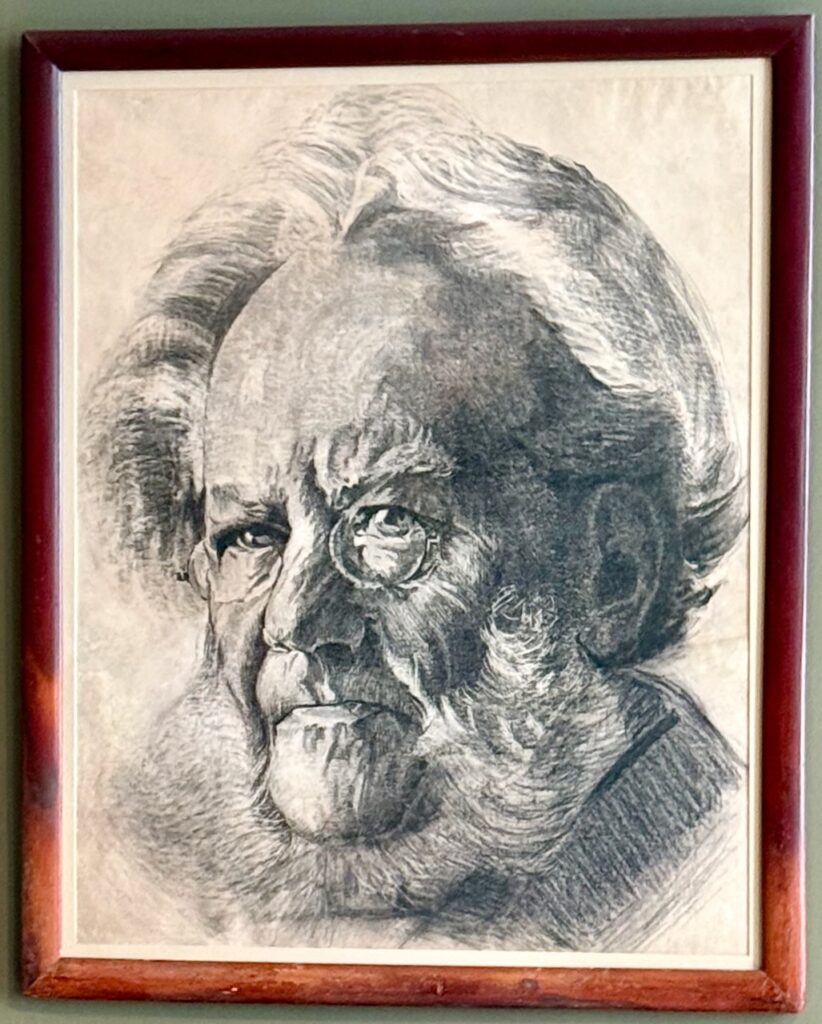 Sketch of Ibsen as an old man with white hair and prominent white whiskers and beard.