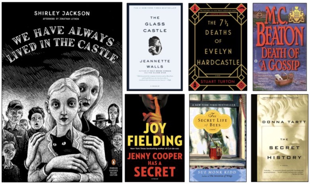 Collage of book covers. We Have Always Lived in the Castle by Shirley Jackson; The Glass Castle by Jeannette Walls; The 7 1/2 Deaths of Evelyn Hardcastle; Death of a Gossip by M.C. Beaton; Jenny Cooper Has a Secret by Joy Fielding; The Secret Life of Bees by Sue Monk Kidd; The Secret History by Donna Tartt