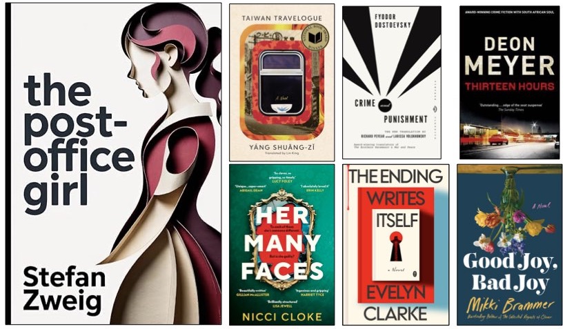 Collage of book covers: The Post-Office Girl by Stefan Zweig; Taiwan Travelogue by Shuang-zi Yang; Crime and Punishment by Fyodor Dostoevsky; Thirteen Hours by Deon Meyer; Her Many Faces by Nicci Cloke; The Ending Writes Itself by Evelyn Clarke; Good Joy, Bad Joy by Mikki Brammer