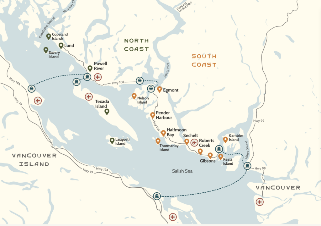 A map showing the Sunshine Coast near Vancouver, British Columbia, Canada