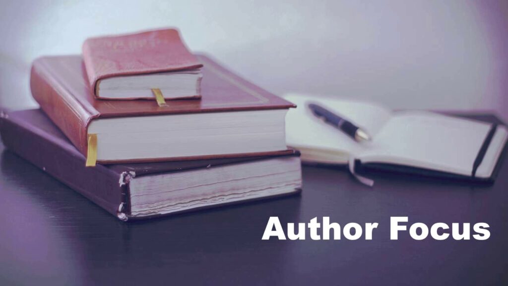 Background: 3 stacked, closed books; open notebook with pen on top. Text: Author Focus